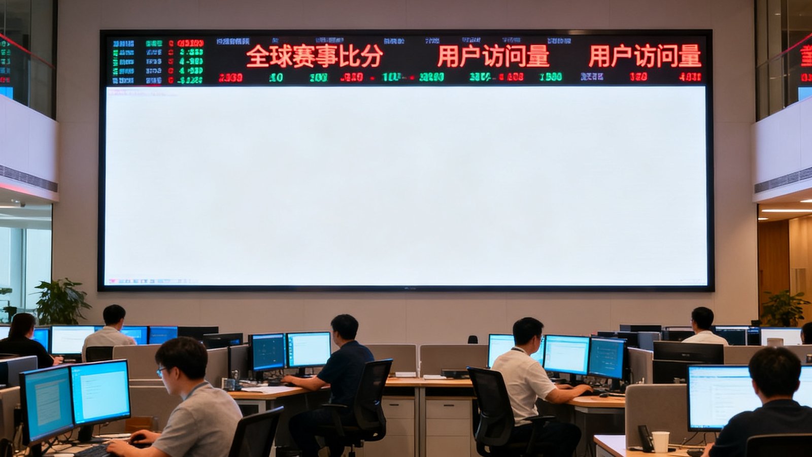 球迷网北京办公室实景照片，开放式工区内数十名员工专注工作，正面墙壁上悬挂着巨型LED数据监控屏幕，实时滚动显示全球赛事比分与用户访问量。